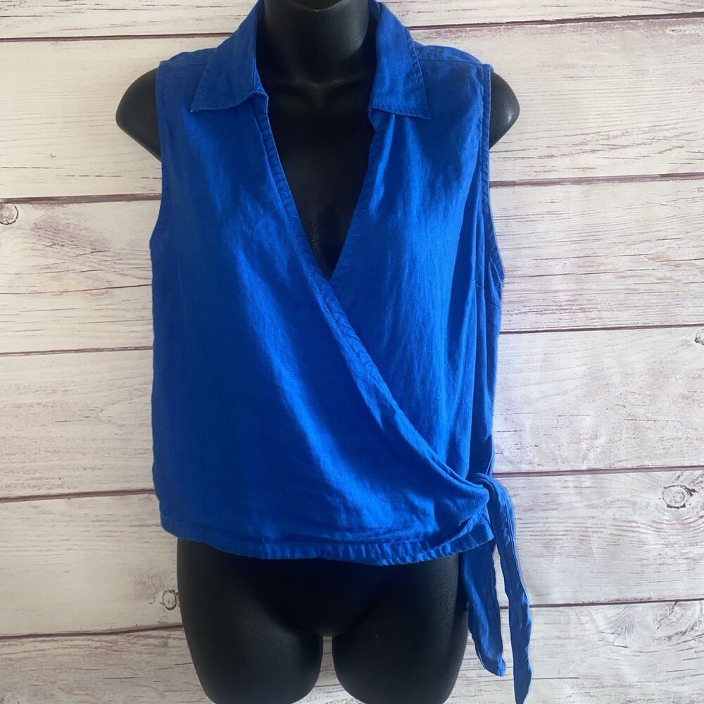Cynthia Rowley Womens S 100% Linen Blue Wrap Tie Sleeveless Top Blouse B28